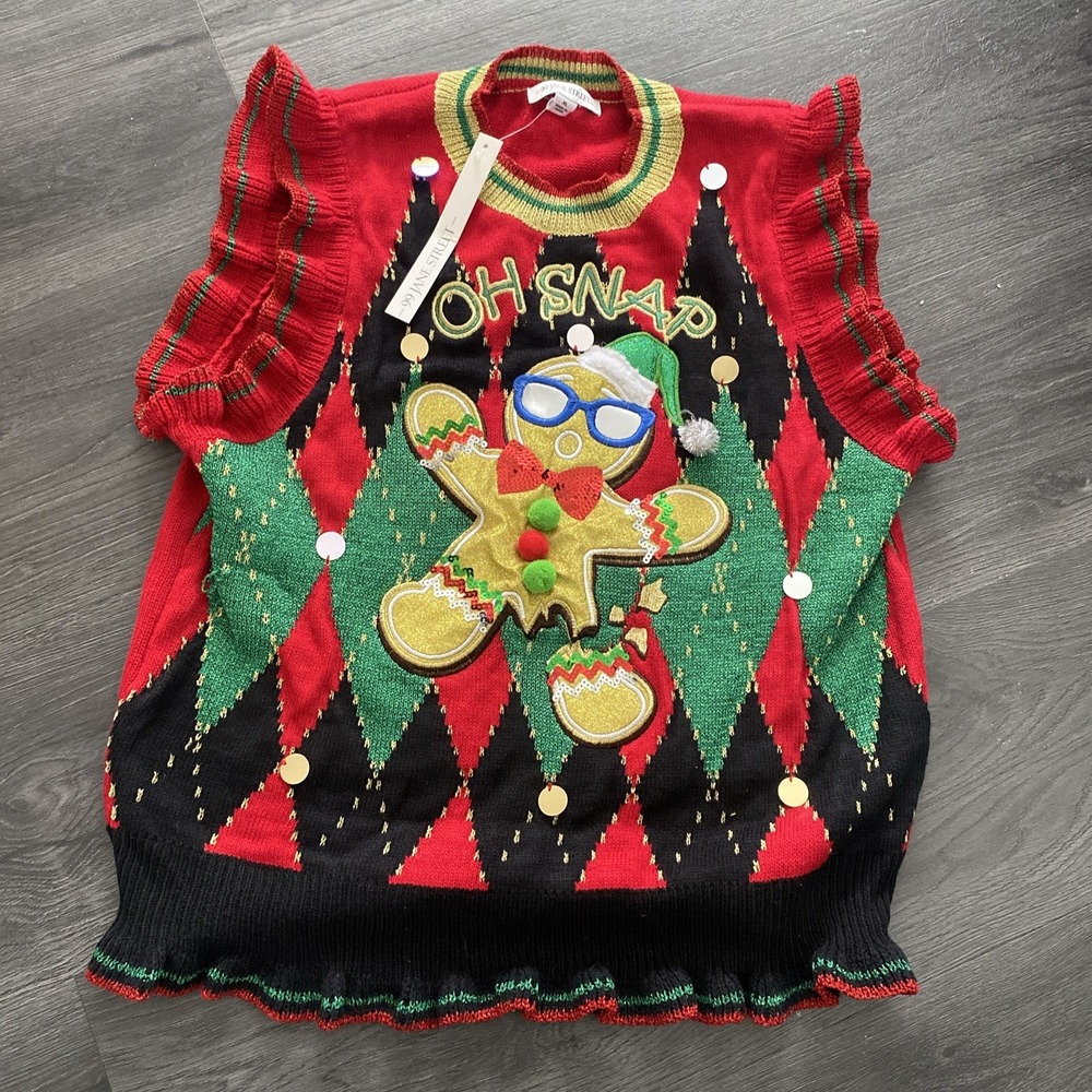 OH SNAP‎ Gingerbread Man 99 Jane Street XL Sleeveless Ugly Christmas Sweater